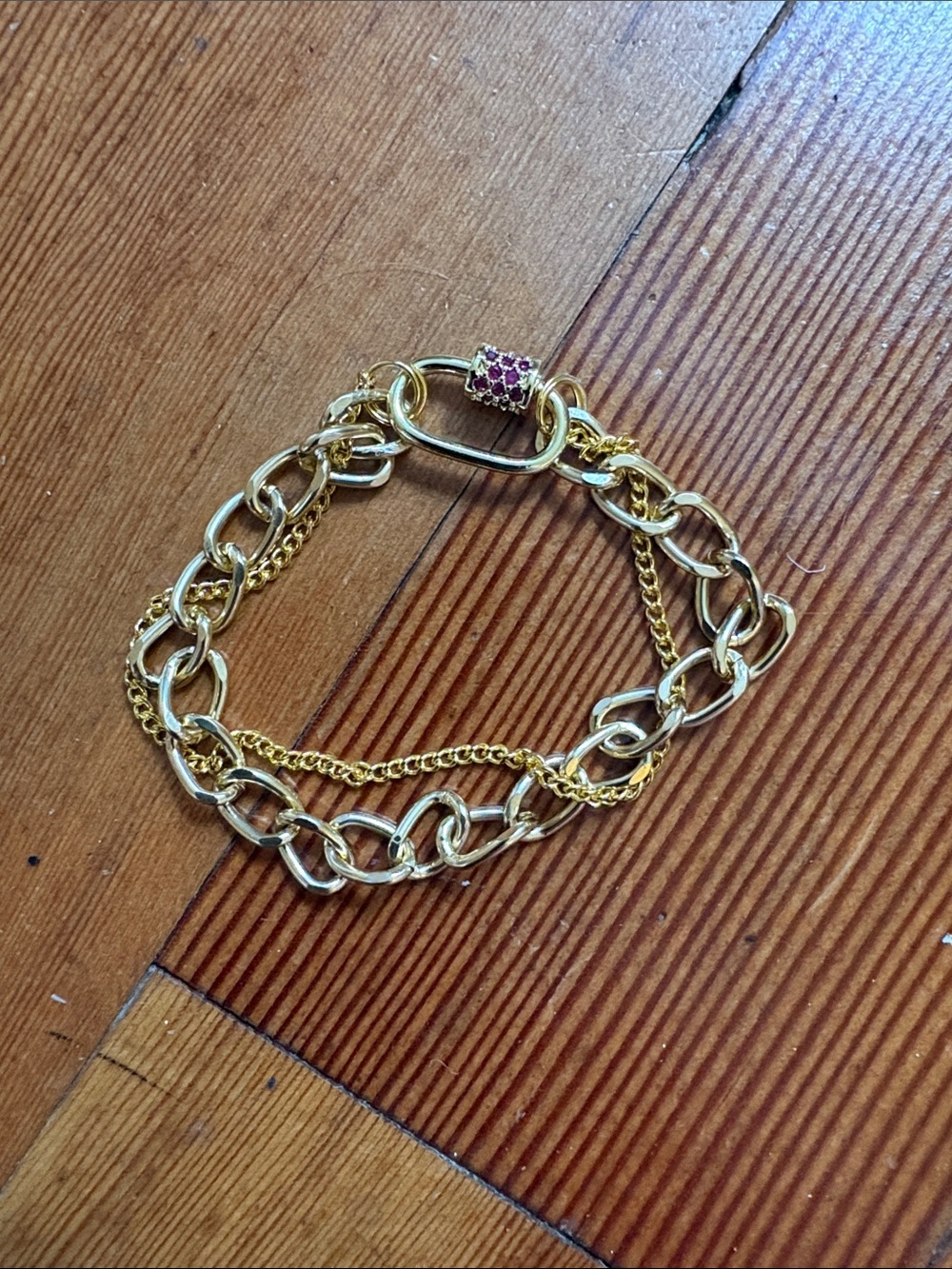 Hand-Crafted Gold Chain Bracelet with Red Crystal Accent